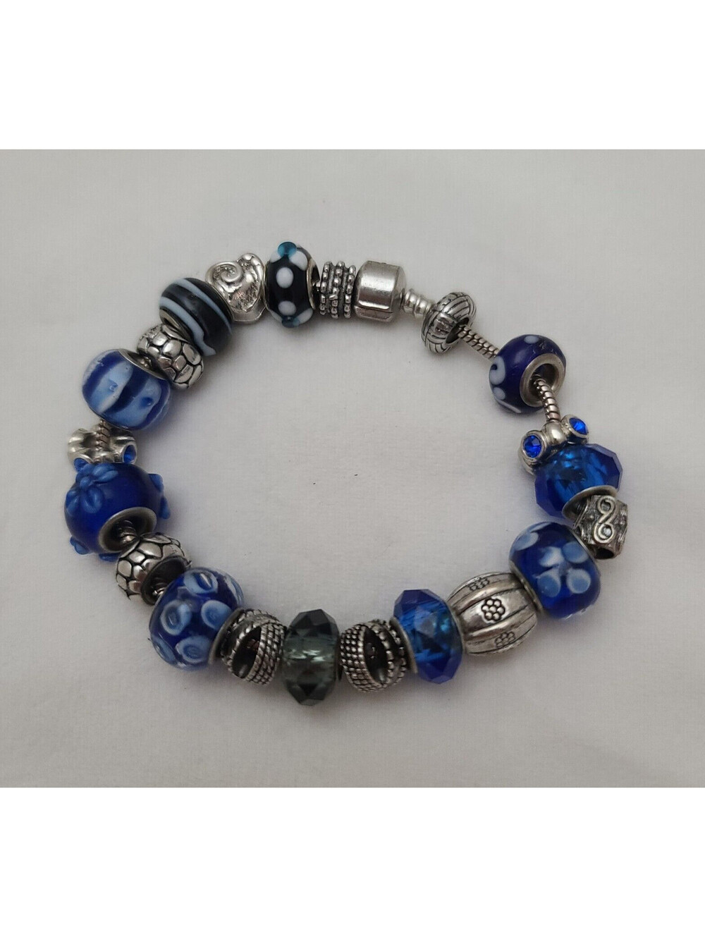 Art Glass Bracelet Metal Embellished Beads Barrel Closure Blue Silver Tone